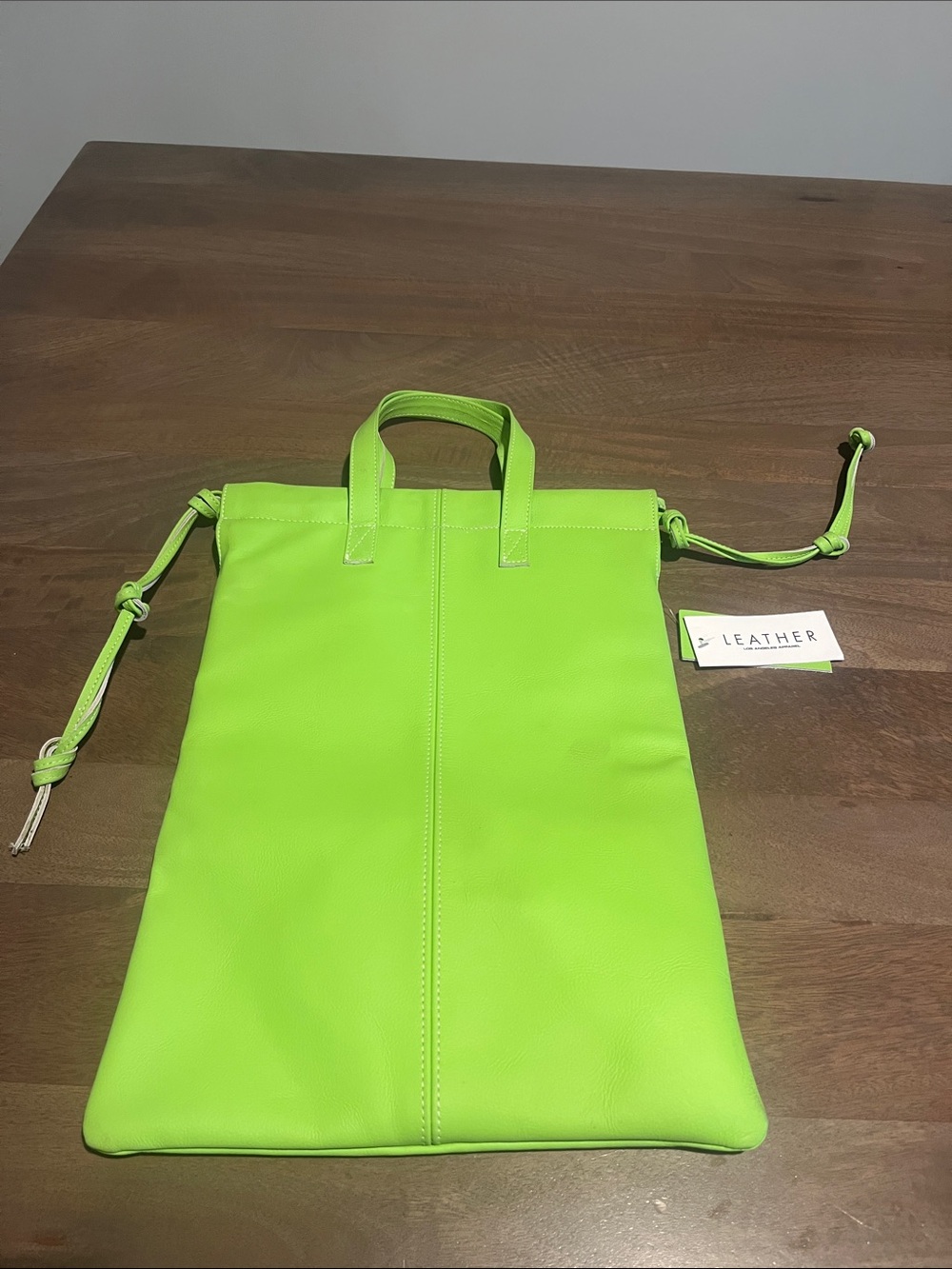 Leather Slim Tote Bag in Neon Lime Green